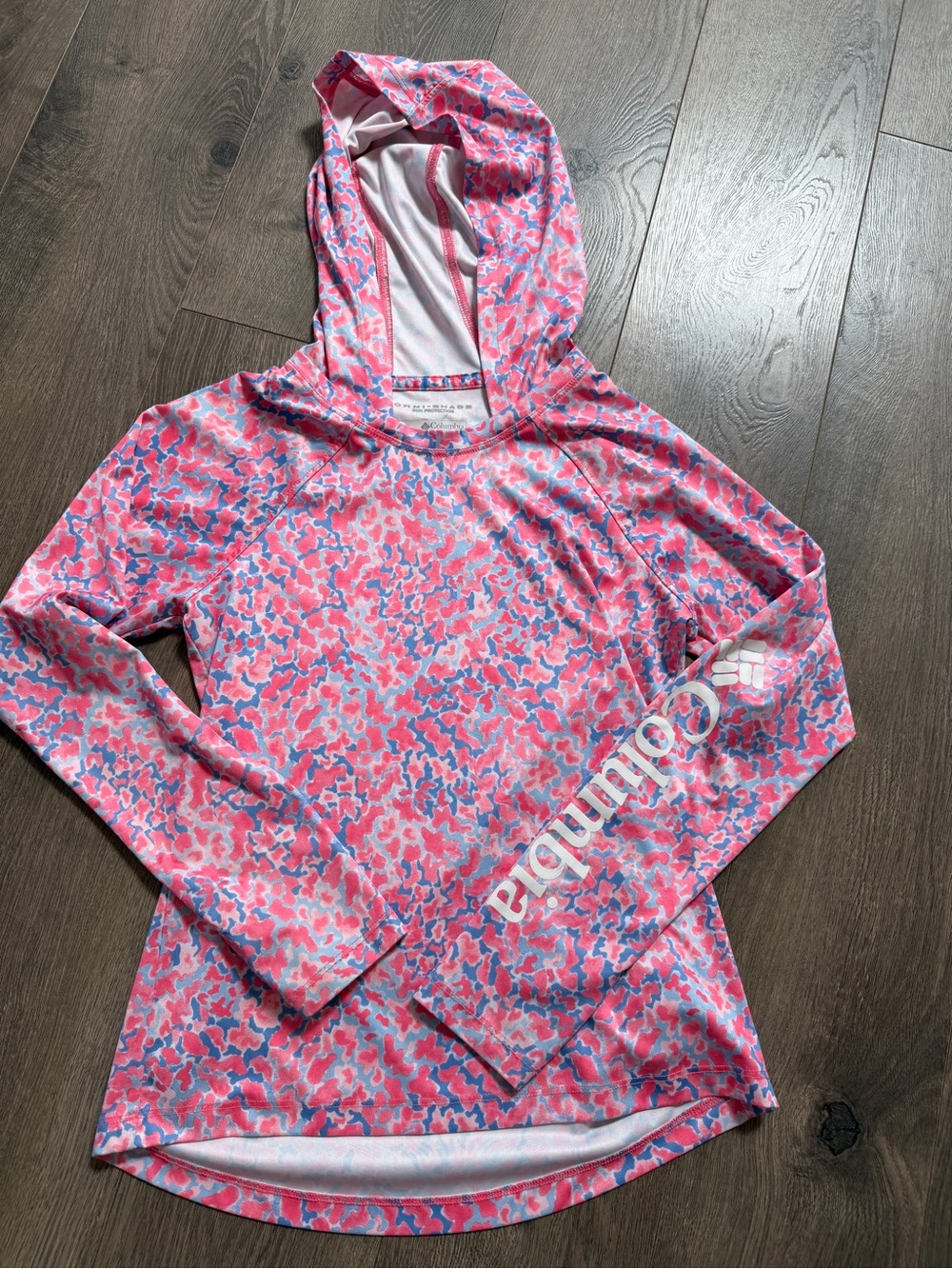 Columbia Pink and Blue Omni-Shade Hooded Sun Shirt
